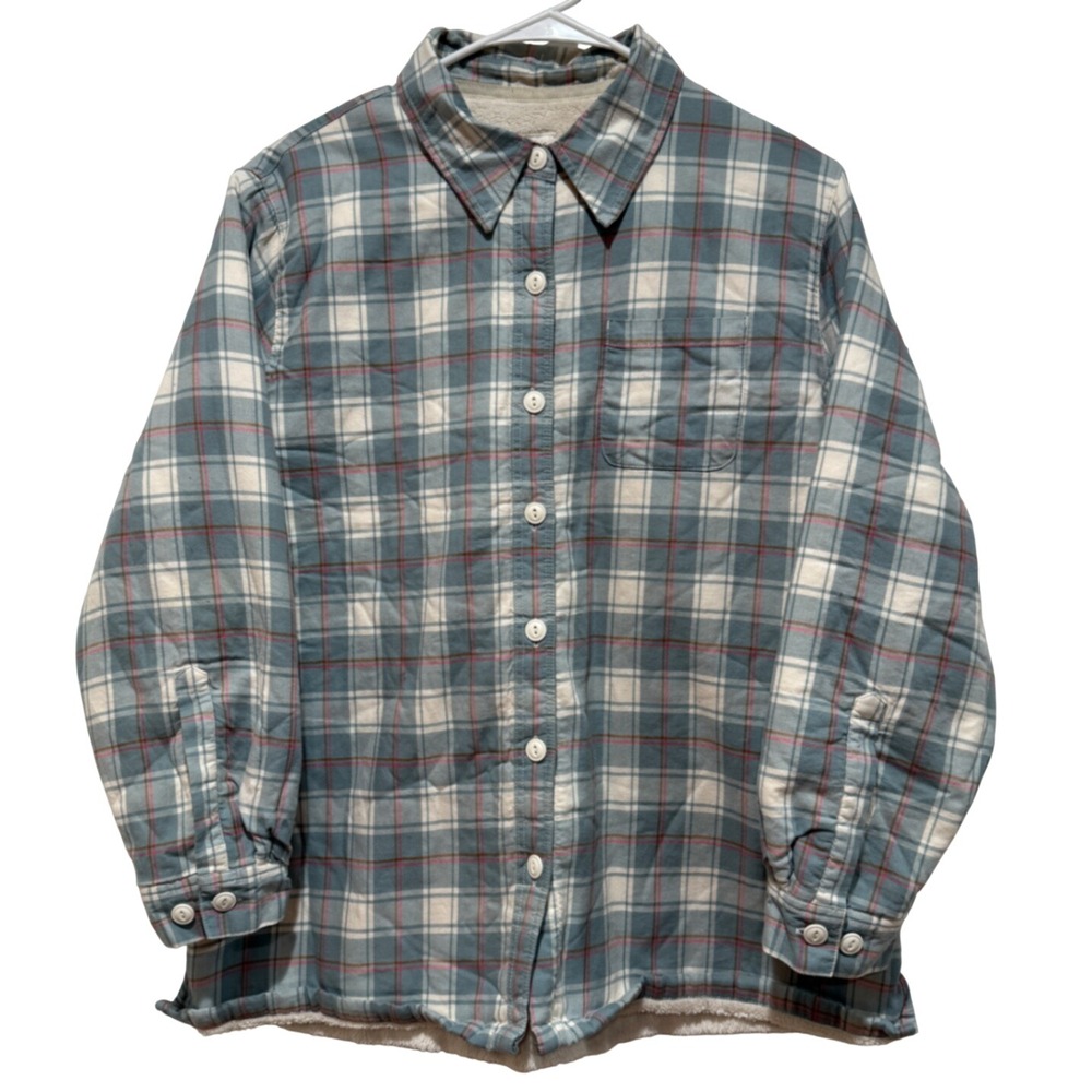 LL Bean Fleece Lined Flannel Shirt Jacket Blue‎ Plaid Women Medium M Outdoor